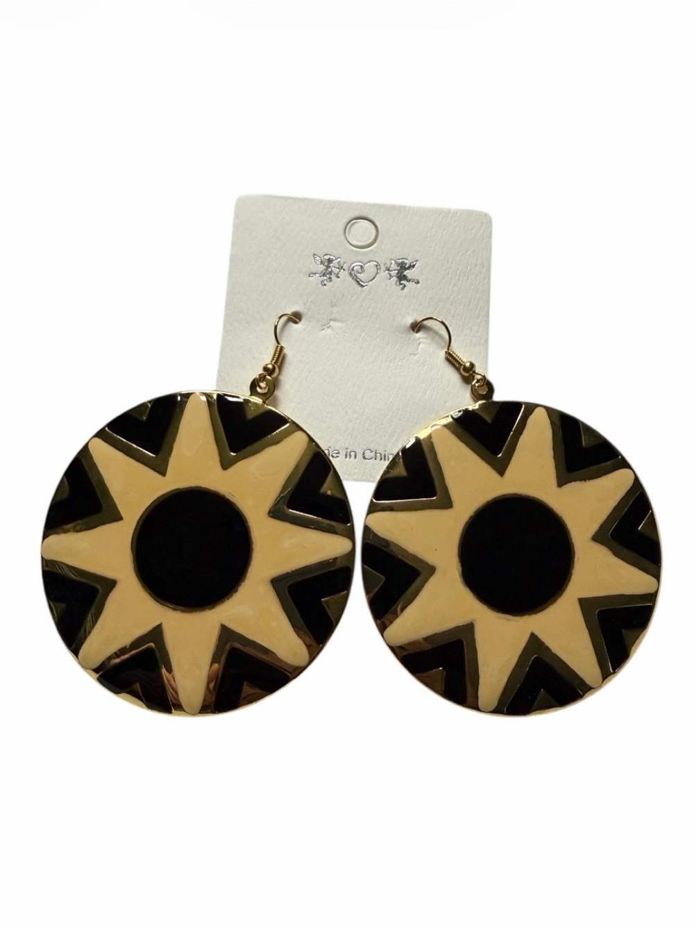 French Vintage Star Design Painted Circle Earrings